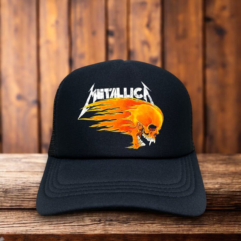 Metallica Flames Mens Trucker Hat Black Snapback Skulls Heavy Metal Retro Cap
